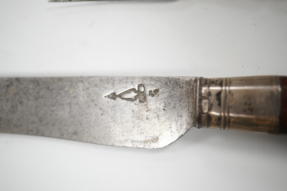 Three 17th / 18th century steel bladed knives, one in a leather sheath with matching fork. Longest 24cm.